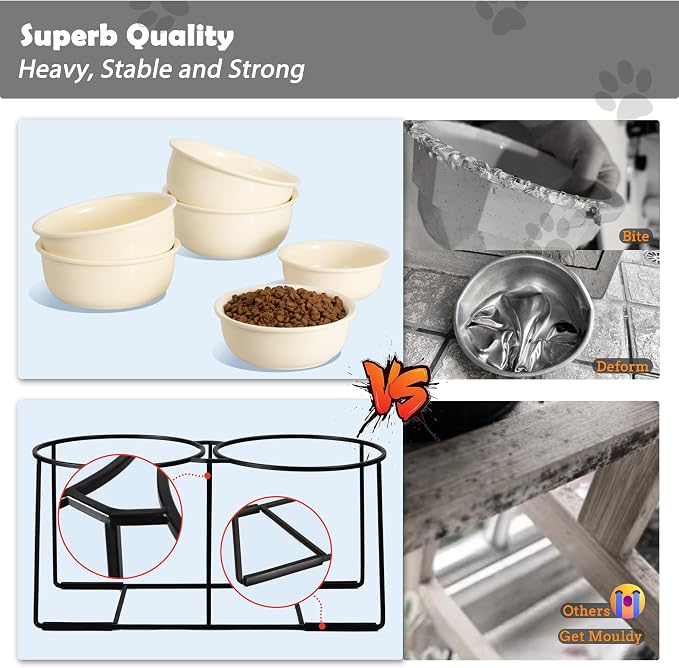 Ceramic Elevated Dog Bowl Set - Raised Double Feeding Bowls with Metal Stand - Pet Dishes for Medium and Large Dogs - 5.8 Cups - 47.3 fl oz - Beige