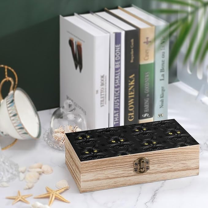 Wooden Keepsake Storage Box Memory Boxes with Hinged Lid, Black Cat Gothic | Small Jewelry Craft Organizer Case, Decorative Wood Gift Box, Wedding Party Holiday Supplies, 9.2x5.5x3.9 Inch
