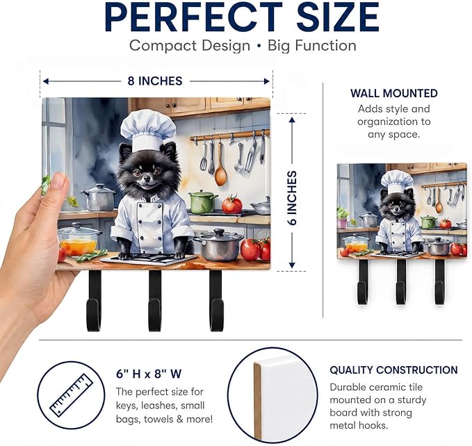 Caroline's Treasures Pomeranian The Chef Leash or Key Holder Wall Hooks, Key Hooks Holder, Coat Rack Wall Mount, Coat Hooks, Hooks for Hanging Keys, Towels, Aprons, Leashes | Pomeranian The Chef artwork on ceramic tile with three steel hooks for keys, ...