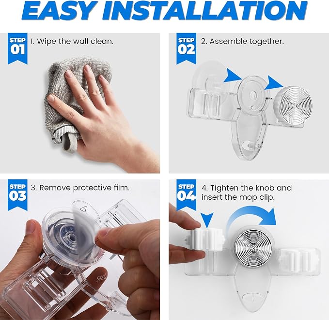 LELE LIFE 2 Pack Broom Holder Mop Hanger - Strong Suction Cup - No Drill Removable Broom Organizer Rack Wall Mount with Hooks for Bathroom Kitchen Garage, Clear