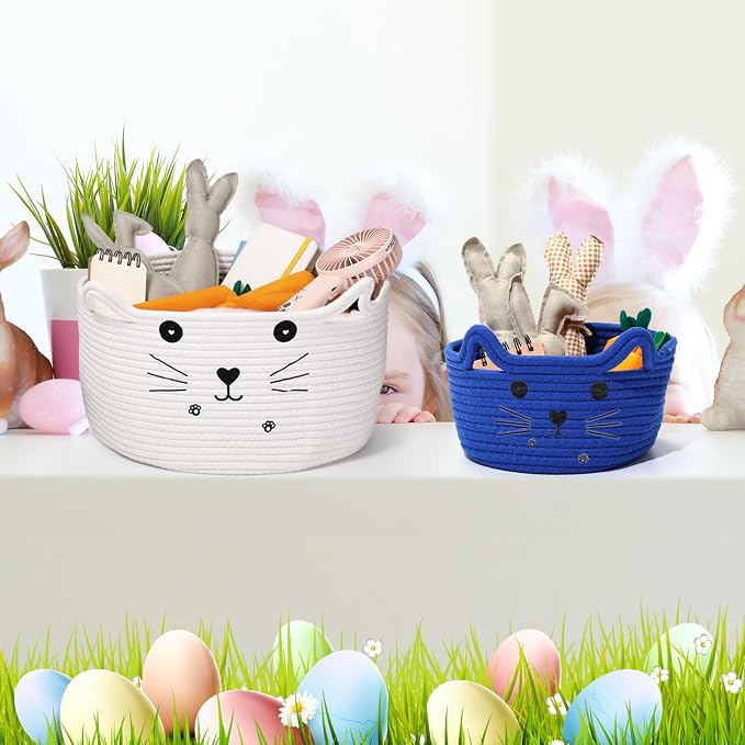 Zopeal Cat Storage Basket Woven Organizer with Ears Decorative Gift Cute Cotton Rope Pet Toy Basket for Gift Cat Dog Toy Bin Nursery Room(8.3 x 4.7 Inch,Royal Blue)