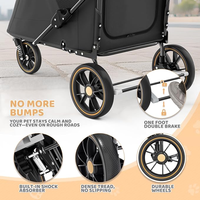 Magshion Pet Stroller for Medium Large Dog, 3-Wheel Foldable Jogger, Black | All-Terrain with Adjustable Handle, Dual Entry, Rear Storage, Breathable Mesh, One-Foot Brake, Up to 55 lbs