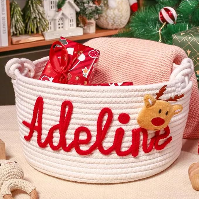 Personalized Cute Small Woven Basket with Handles, Custom Cotton Rope Room Shelf Storage Basket, Empty Decorative Gift Basket, Decorative Round Bin for Nursery Bedroom Bathroom (Style F)