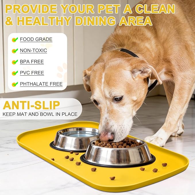 Smilool Silicone Pet Food Mat with Raised Edge for Food and Water Bowl, Dog Feeding Mats, Cat Food Trays for Floor Waterproof, Rubber Tray for Dogs and Cats, 19 x 12 x 0.7 Vivid Yellow