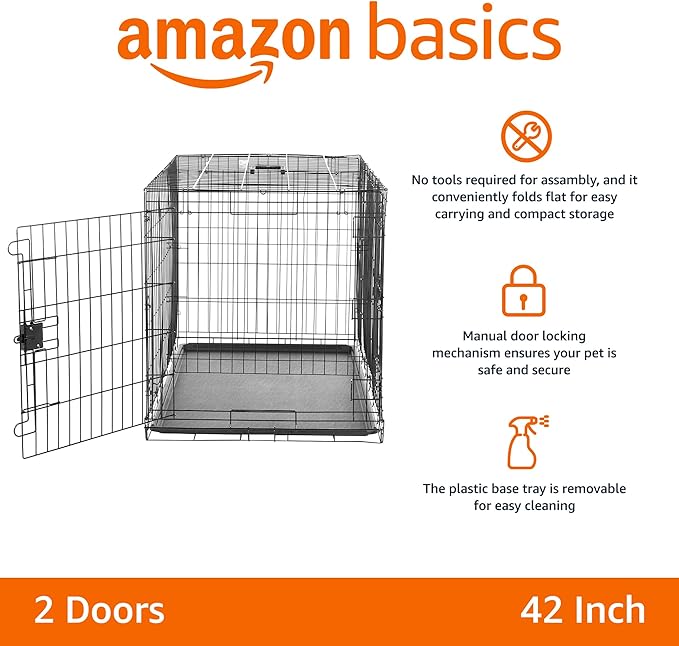 Amazon Basics Portable, Collapsible Metal Wire Dog Crate with Removable Tray, Double Door, Easy to Assemble, Divider Panel for Large Dogs, 42" x 28" x 30", Black