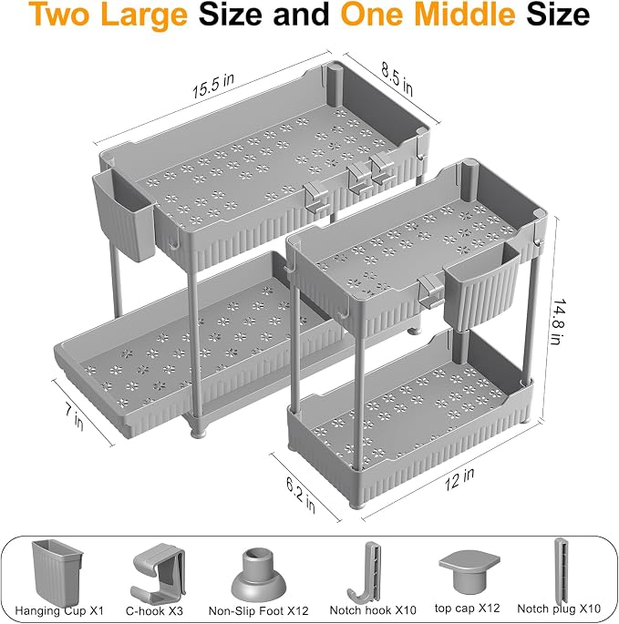 3 Pack Under Sink Organizers, 2-Tier Multi-Use Kitchen and Bathroom Organizers and Storage with Sliding Drawers, Bathroom Cabinet Organizer (Gray, 14.8 Inch) | Multi-use kitchen & bathroom storage, 14.8 inch gray cabinet organizer, space-saving sliding...
