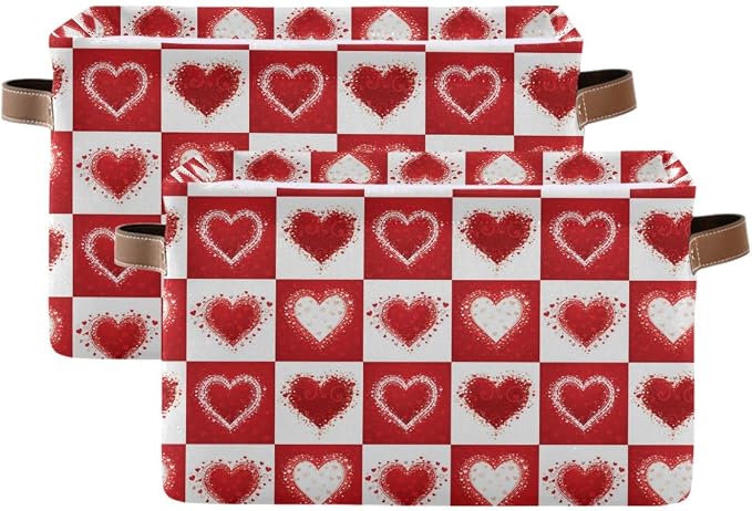 Happy Valentine's Day Love Heart Storage Basket Fabric Laundry Baskets Red White Buffalo Plaid Storage Boxes Organizer Bag for Baby Cloth Dog Toy Book Storage Cubes Shelf Closet Bins 16×12×8 Inches