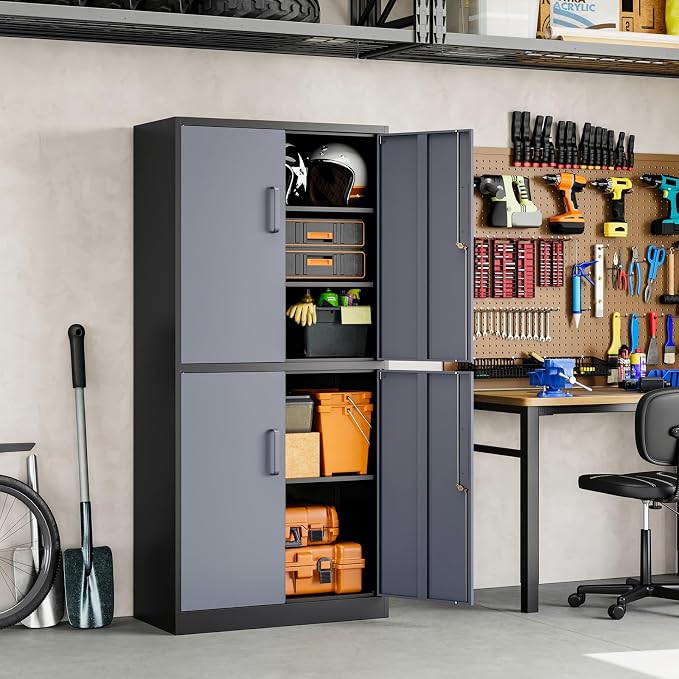 Metal Storage Locking Cabinet with 4 Doors and 2 Adjustable Shelves,71" Lockable Garage Tall Steel Cabinet,for Home Office,Living Room,Pantry,Gym,Commercial Storage (Gray Black)