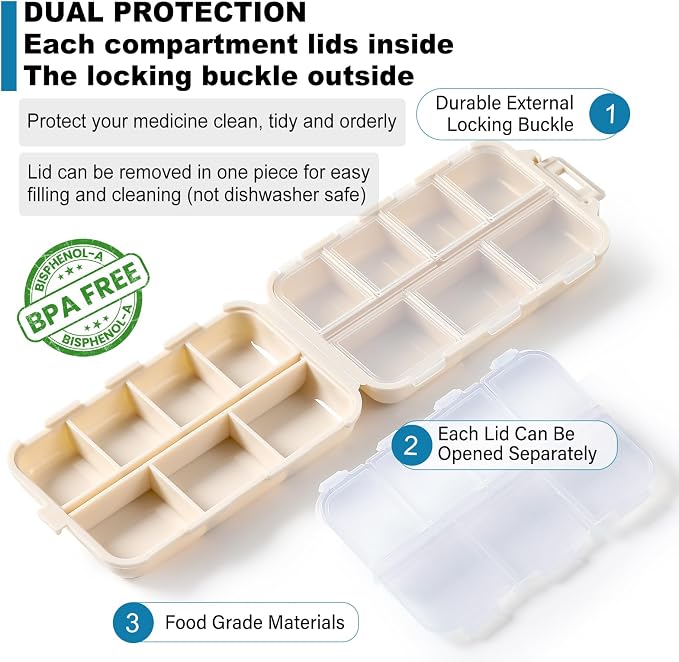 3 Pack, 14 GRIDS Travel Pill Organizer Box with Labels - Travel Medicine Case Kit - Pocket Daily Pharmacy Container - Travel Medication Holder Dispenser for Fish Oil Vitamin Supplement Storage