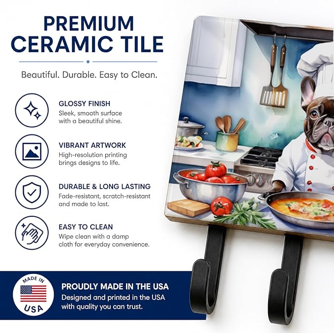 Caroline's Treasures French Bulldog The Chef Leash or Key Holder Wall Hooks, Key Hooks Holder, Coat Rack Wall Mount, Coat Hooks, Hooks for Hanging Keys, Towels, Aprons, Leashes | French Bulldog The Chef artwork on ceramic tile with three steel hooks fo...