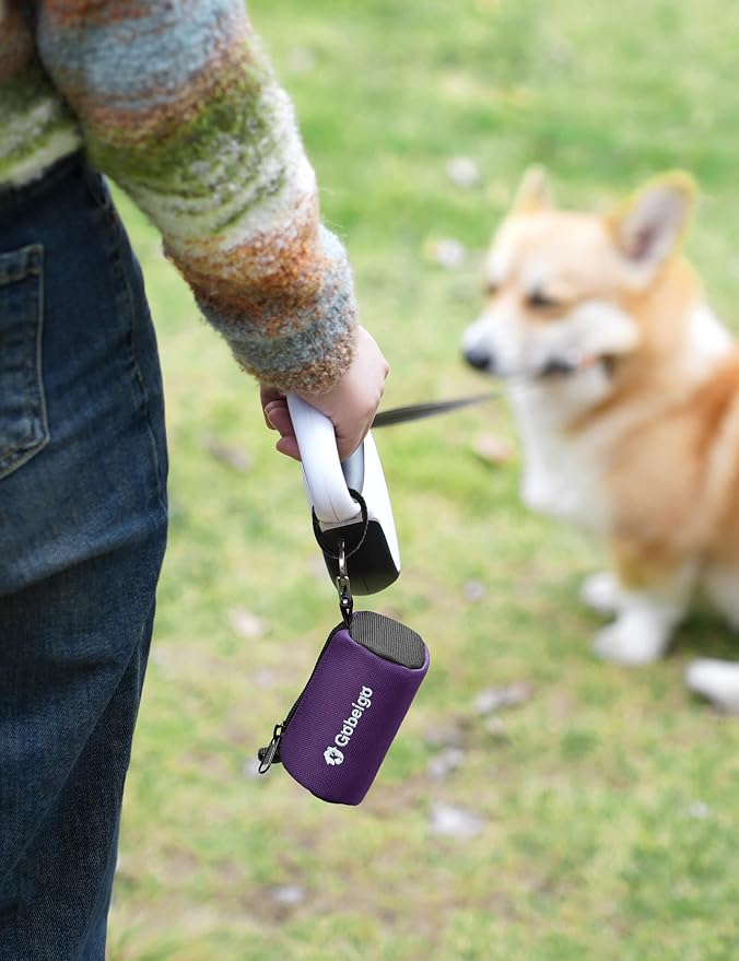 Gobeigo Dog Poop Bag Holder with Used Waste Bag Carrier(Purple) | Large Opening for Easy Dispensing, Carabiner & Hook-and-Loop Strap Fits Any Leash, Includes 15 Unscented Waste Bags