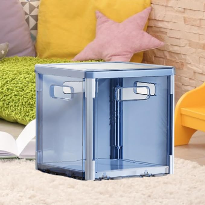 Foldable Storage Box Stackable Organizer Bin Container with Lid and Handles Portable Lightweight Dustproof PET Suitable for Clothing Bedding Books, Blue