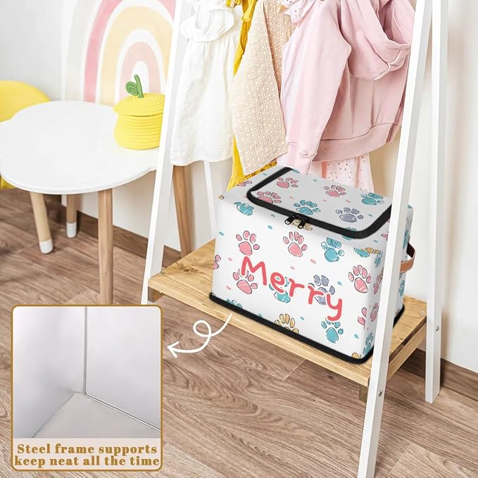 Custom Cute Footprint Storage-Bin With Zipper Lid for Kids-Girls-Boys-Baby-Pet,Personalized Name Foldable Storage Box with Handle,Baby Basket With Label for Bedroom Nursery Toy Clothes,White