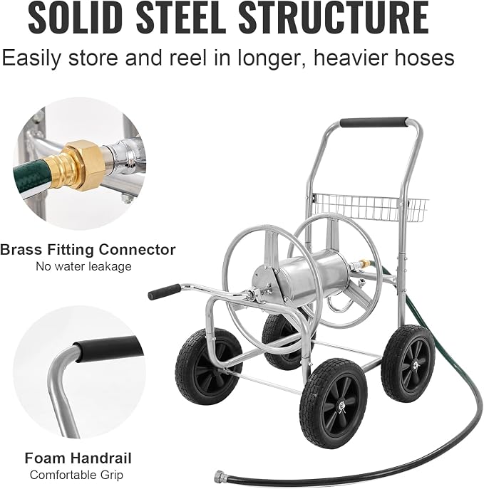 VEVOR Hose Reel Cart, Hold Up to 300 ft of 5/8’’ Hose, Garden Water Hose Carts Mobile Tools with 4 Wheels, Heavy Duty Powder-Coated Steel Outdoor Planting with Storage Basket, for Garden, Yard, Lawn | for Garden, Yard, Lawn, Mobile Tools with 4 Wheels,...
