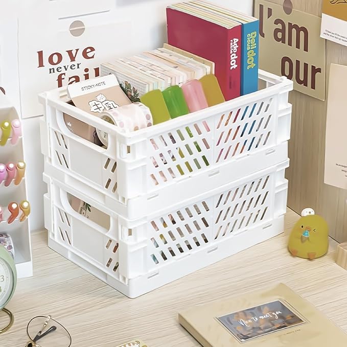 Tobeso-Nuoze Pastel Plastic Storage Baskets 2 Pack, Collapsible Crates | for Organizing, Space-Saving Bins for Kitchen, Office, Bedroom (Purple, Medium:9.8" x 6.5" x 3.8")