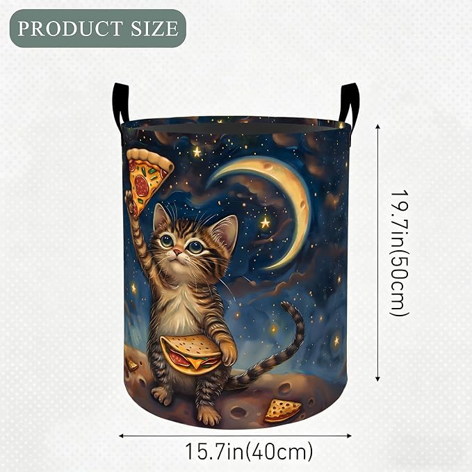 Playful Cat Laundry Basket Hamper, Organizer Bins Gifts for Women Kids, Cute Pizza Moon Foldable Waterproof Clothes Hamper Handles Storage Bucket for Bedroom Bathroom Room Decor 19.7"x15.7"