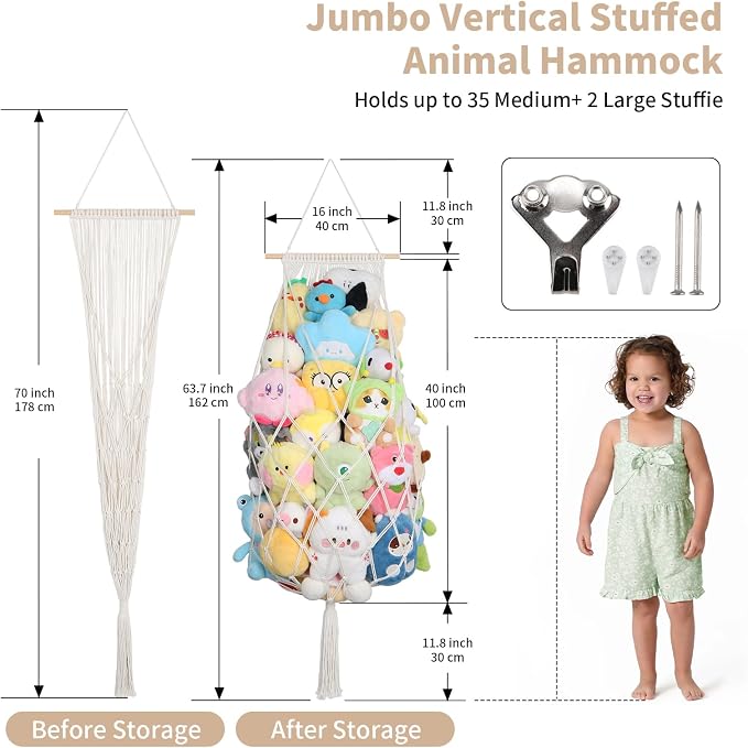 Stuffed Animal Storage Net Corner,70'' Macrame Stuffy Hammock,Cream | Wall Ceiling Over Door Hanging Stuffed Animals Hammock, Boho Macrame Stuffy Storage Holder, Nursery Playroom Kid Room Decor