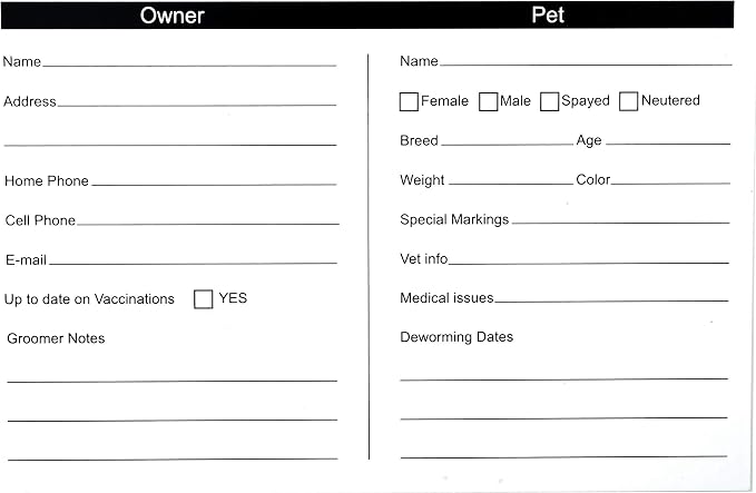 RXBC2011 105 Pack Pet Grooming Information Cards Dog Cat Grooming Customer Information Card Groomer Client Record Clip Cards