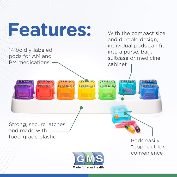 Weekly Pill Organizer 7 Day AM PM, Pop Out Daily Pill Pods with Tray by GMS | Rainbow 2 Times a Day Travel Pill Case, Separate Removable Compartments with Secure Lids for Medication & Vitamins