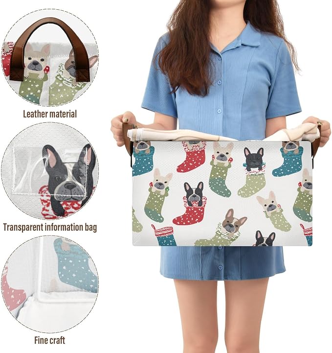Cute Christmas French Bulldogs Storage Basket Foldable Cube Storage Bins with Handles&Label Waterproof Organizer Box Bin Large Rectangle Decorative Baskets for Shelves Home Room Laundry-2 Pack