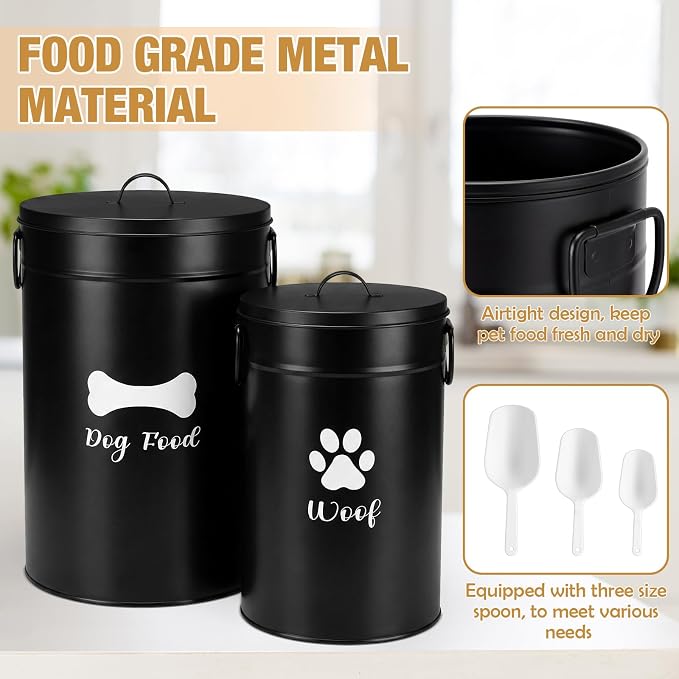 DoubleFill Extra Large 30+14 lb Metal Dog Food Storage Containers, Black | Airtight Dog Treat Snack Jars with Lids and Spoon, Farmhouse Style Big Pet Cookie Storage Bin for Kitchen Counter, Set of 2