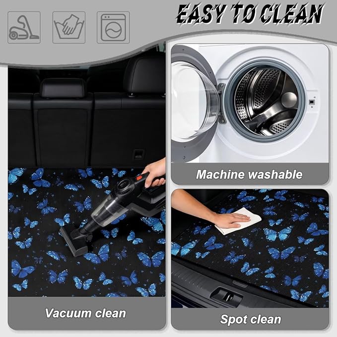 Butterfly Print Universal Car Trunk Mat 29" x 39", All Weather Non Slip Cargo Liner for SUV Truck, Washable Durable Pet Friendly Dark Blue Rear Cargo Protection