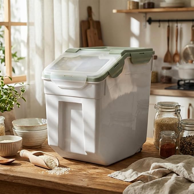 Sunnyray 6 Pcs 55 Lbs Flour Storage Container Bin,Rice Storage Containers with Wheels Seal Locking Lid, BPA Free with Measuring Cup Scoop for Rice Grain Pet Food Flour (Green)