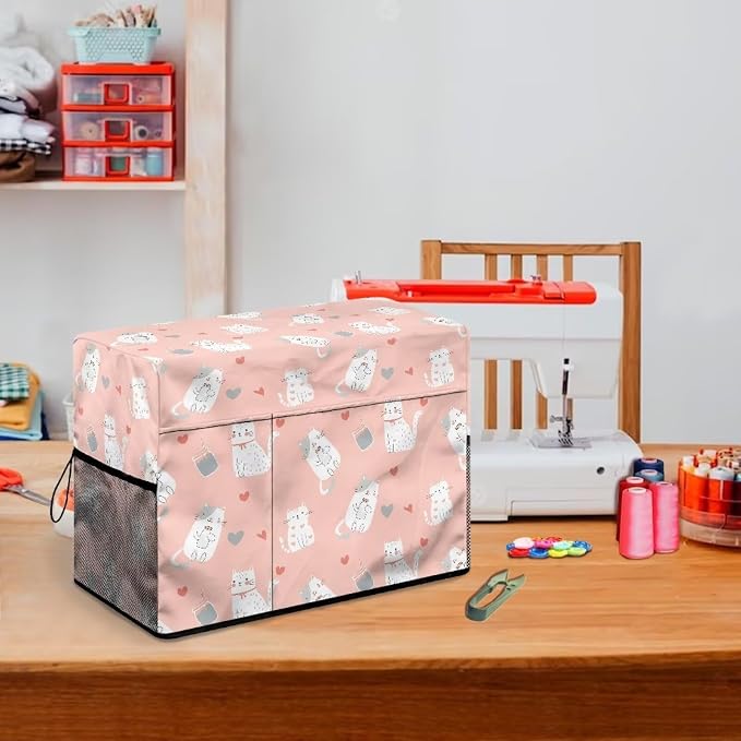 Cute Cat PrintSewing Machine Cover with Storage Pockets,Dust & Pet Hair Protection,Fits Standard Singer, Brother and Janome Machines, Protecting & Decorating Your Sewing Space (Pink)