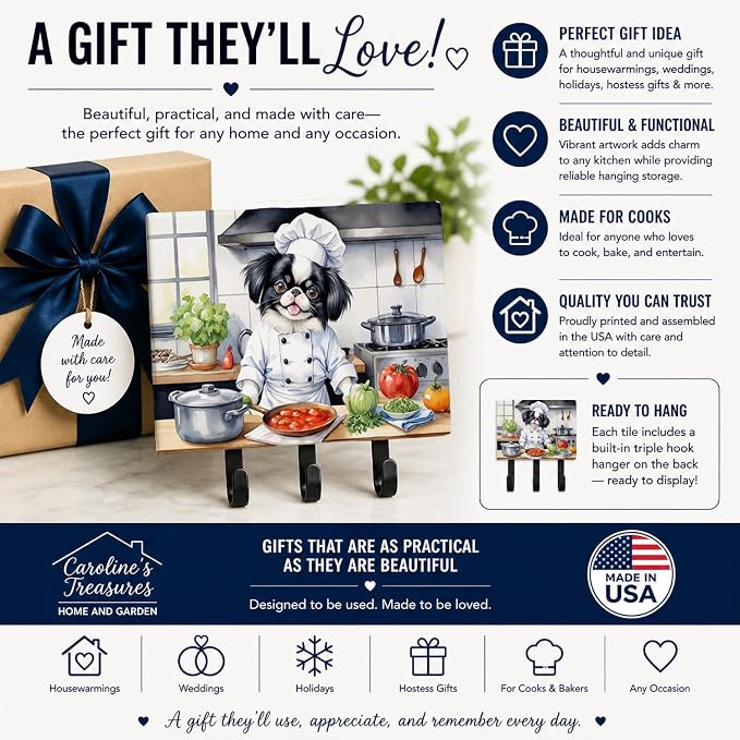 Caroline's Treasures Japanese Chin The Chef Leash or Key Holder Wall Hooks, Key Hooks Holder, Coat Rack Wall Mount, Coat Hooks, Hooks for Hanging Keys, Towels, Aprons, Leashes | Japanese Chin The Chef artwork on ceramic tile with three steel hooks for ...