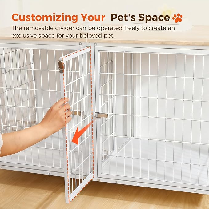 MAHANCRIS Dog Crate Furniture for 2 Dogs, 43.3" Dog Kennel with Removable Divider, Heavy Sturdy Dog Furniture Style Double Cage for Small Medium Dogs, Indoor Pet House End Table, Natural and White