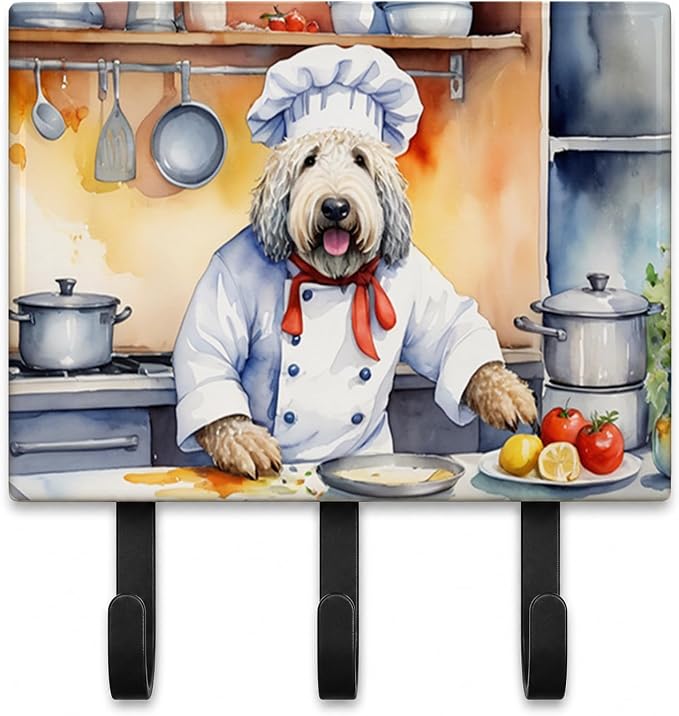 Caroline's Treasures Komondor The Chef Leash or Key Holder Wall Hooks, Key Hooks Holder, Coat Rack Wall Mount, Coat Hooks, Hooks for Hanging Keys, Towels, Aprons, Leashes | Komondor The Chef artwork on ceramic tile with three steel hooks for keys, leas...