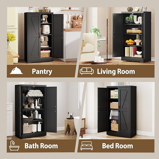 Black Metal Storage Cabinet, 43" Kitchen Pantry Cabinets for Office | Steel Kitchen Pantry Storage with Doors and 3 Adjustable Shelves, Metal Tool Cabinet, for Office, Home, Garage, School