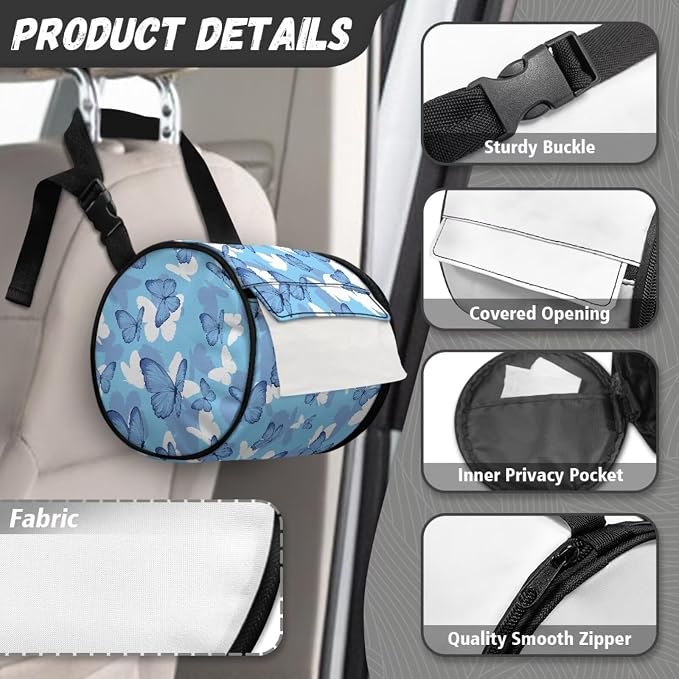 Blue Butterfly Hanging Paper Towel Roll Holder with Adjustable Strap Water Resistant Toilet Tissue Roll Dispenser Handy Toilet Paper Cover Storage Holder