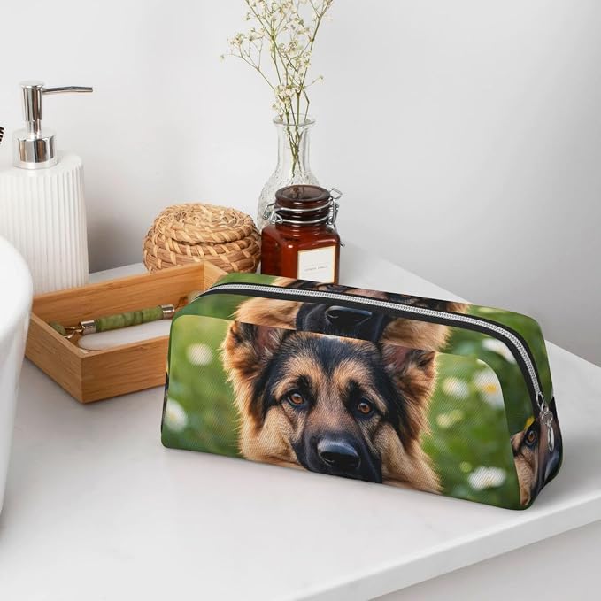 PU Leather Pencil Case Cosmetic Pencil Bags Makeup Pouch with Zipper | Cute Pet German Shepherd Dog Pen Pouch Portable Cosmetic Organizer Bag For Office Woman Man