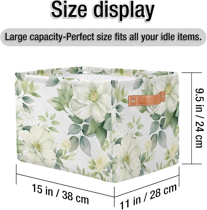 Storage Baskets for Shelves, White Flower Green Leaves Fabric Storage Cubes Closet Organizers and Storage Bins with Handles Home Organization, 15x11x9.5 inch