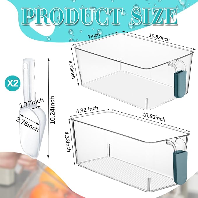 Havawish Ice Storage Bin and Flexible Scoop Set Plastic Freezer Bin | Freezer Ice Bin Scoop, Clear Bucket Container, Pull Handle, Flexible Storage, 10.83 X 7 X 4.33 In,10.83 X 4.92 X 4.33 in