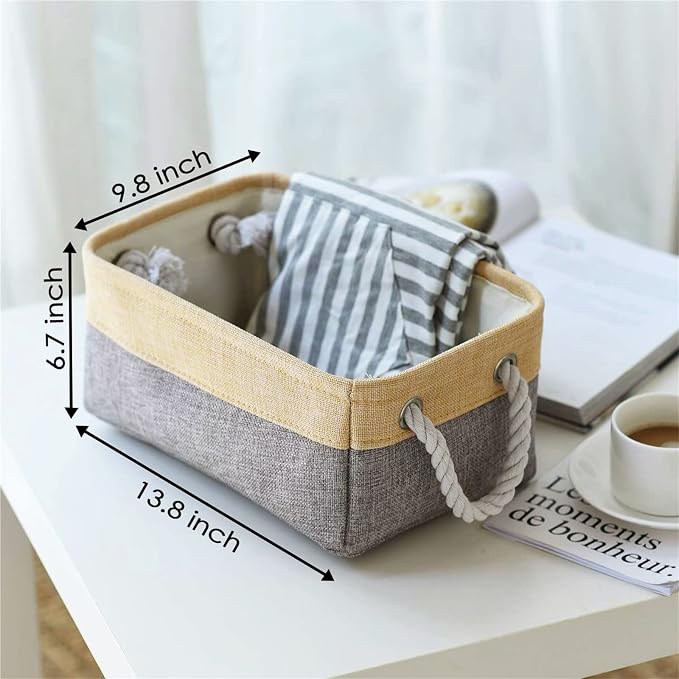 Decorative Basket Rectangular Fabric Storage Bin Organizer Basket with Handles for Clothes Storage (Gold&Grey, Medium-1Pack,13.8L*9.8W*6.7H)