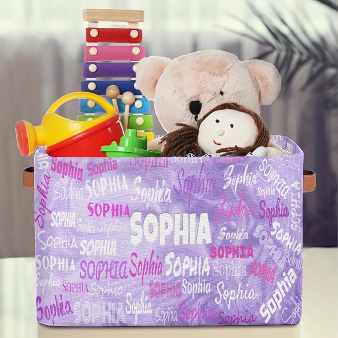 Custom Storage Baskets for Kids with Name, Light Purple Sand Texture | Organizing Boys Girls Pets Toys Closet Shelf Clothes Books