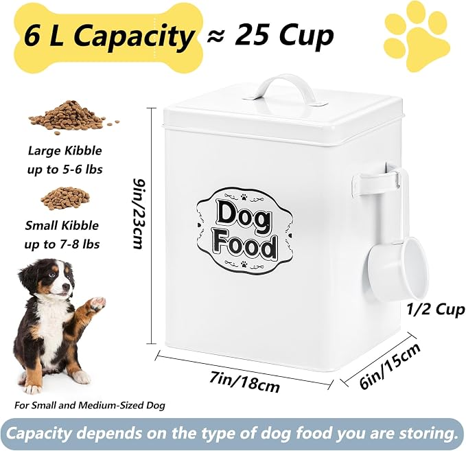 5-7 Lbs(25 Cup) Metal Dog Food Storage Container with Lid and Scoop, Airtight Dog Treat Container, Farmhouse Pet Food Storage Container, Cute Dog Food Canister, Gift for Dogs and Owners, White