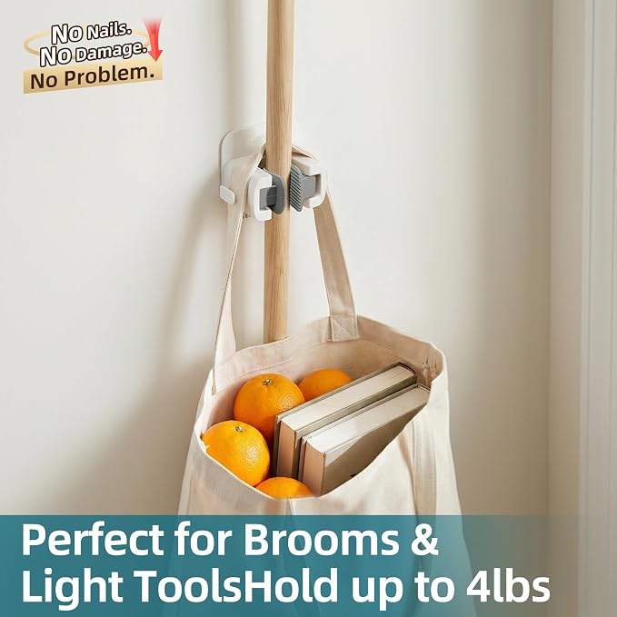 TAILI Mop and Broom Holder Wall Mount Grippers, 3 Hangers and 8 Adhesive Strips, Damage Free Hanging Wall Mount, Household Cleaning Organizer for Organization and Storage, Holds up to 4 lbs, Grey