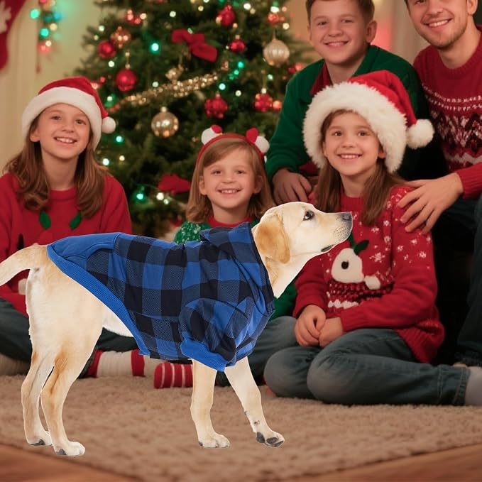 KOOLTAIL Plaid Dog Hoodie Pet Clothes Sweater with Hat and Pocket for Small Medium Large Size Dogs, Soft Winter Warm Dog Cold Weather Coat, Fleece Fall Dog Hooded Sweatshirt for Puppy Cats, Blue XL