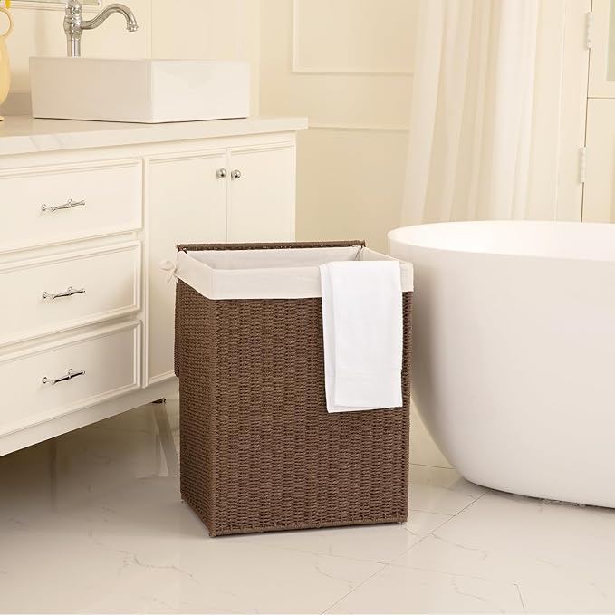 OIAHOMY Laundry Hamper with Lid, 90L(23.8 Gal) Large Wicker Laundry Basket for Bedroom, Handwoven Paper Rope Clothes Hamper with Washable Liner & Metal Frame, Decorative Organizer for Bathroom Brown