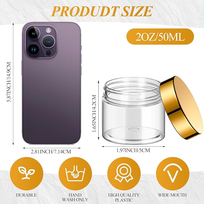 Patelai 60 Pcs Plastic Jars with Lids Round Clear Cosmetic Container Jars Leakproof Plastic Jar for Storing Dry Food Toiletries Lotion Ointments Makeup Rhinestone Samples Kitchen Storage(Gold,2 oz)