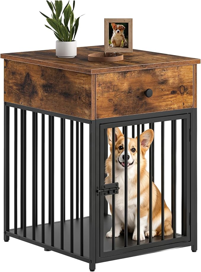 HOOBRO Dog Crate Furniture, Wooden Dog House, Decorative Dog Kennel with Drawer, Indoor Pet Crate End Table for Small Dog, Steel-Tube Puppy Cage, Chew-Proof, Rustic Brown and Black BF01GW03