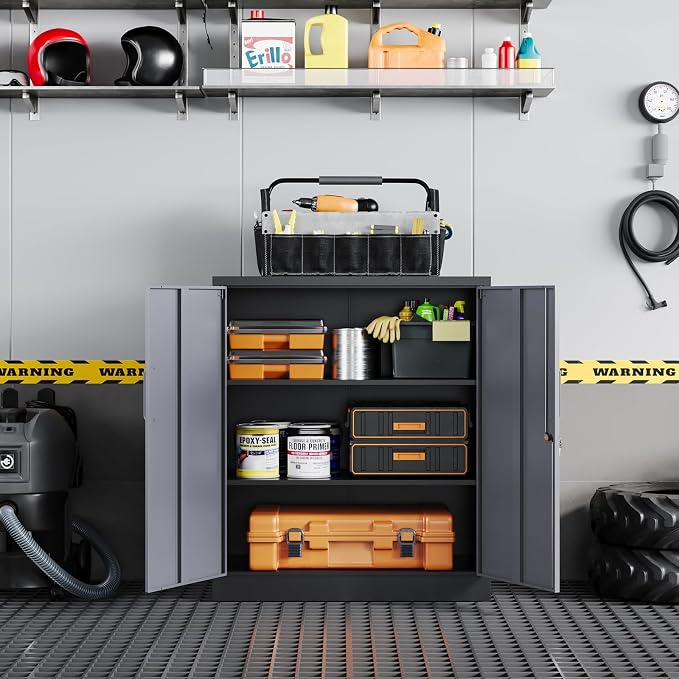 Metal Garage Storage Cabinet with 2 Doors and 2 Adjustable Shelves - 35.5" Steel Lockable File Cabinet for Home Office,Garage,Gym,School（Gray Black）