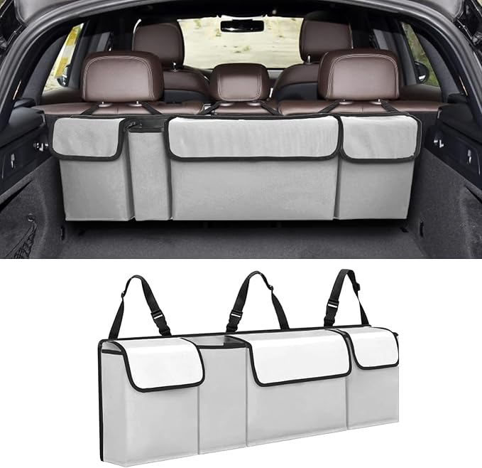 Car Trunk Organizer, Backseat Hanging Large Storage with Adjustable Straps,Waterproof PVC Collapsible Cargo Bag, Car Interior Accessories for Auto SUV MPV (White)