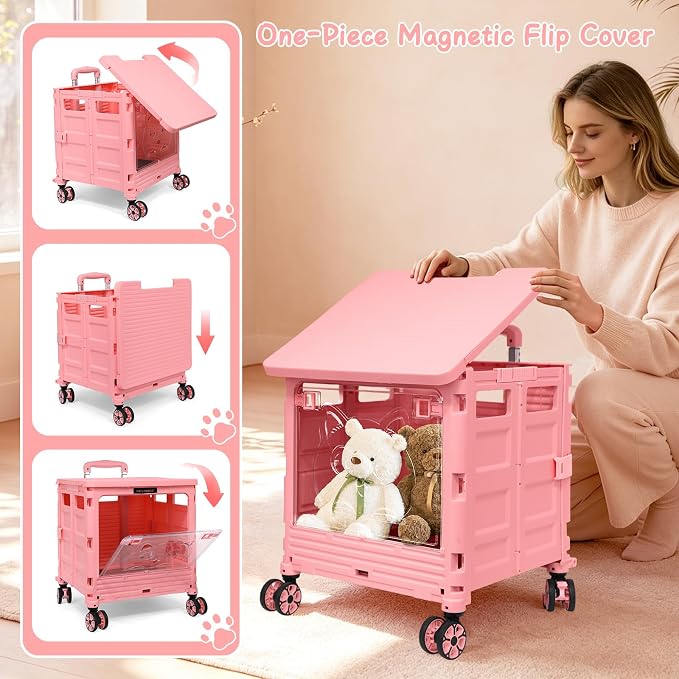 2-in-1 Foldable Shopping Cart & Rolling Pet Carrier, 55L Collapsible Utility Cart with Wheels, Pet Carrier with Telescopic Handle for Cats & Small Dogs, Portable Grocery Cart for Picnic, Travel-Pink