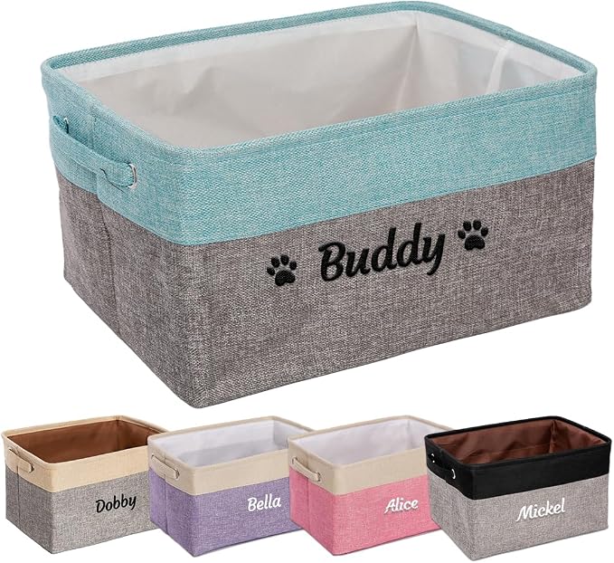 Ulico Personalized Dog Toy Storage Basket, Collapsible Pet Storage Organizer Box with Handles, Custom Dog Toy Bin with Pet's Name Cat Toy Storage Gift for Dog Lovers（Grey Blue）