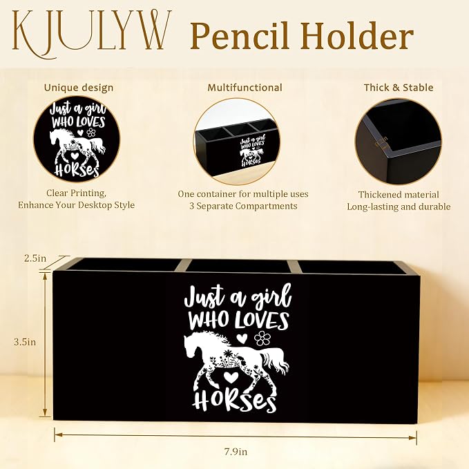 Black and White Horse Pen Holder for Desk, Horse Gifts for Women, Just a Girl Who Loves Horses Wooden Box Pencil Pen Holder Organizer for Home Office Desk Accessories
