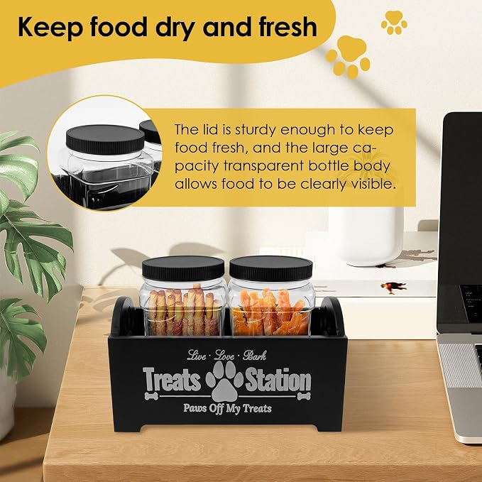 UKQRRTC Wood Dog Treat Container with Jars and Stickers Anti Deformation Space Saving Dog Treat Organizer Dog Treat Station for Countertop (Black)